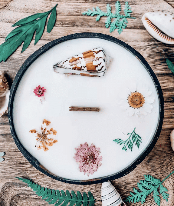candela vegetale noce di cocco, candela vegan, candela al monoi alla pesca