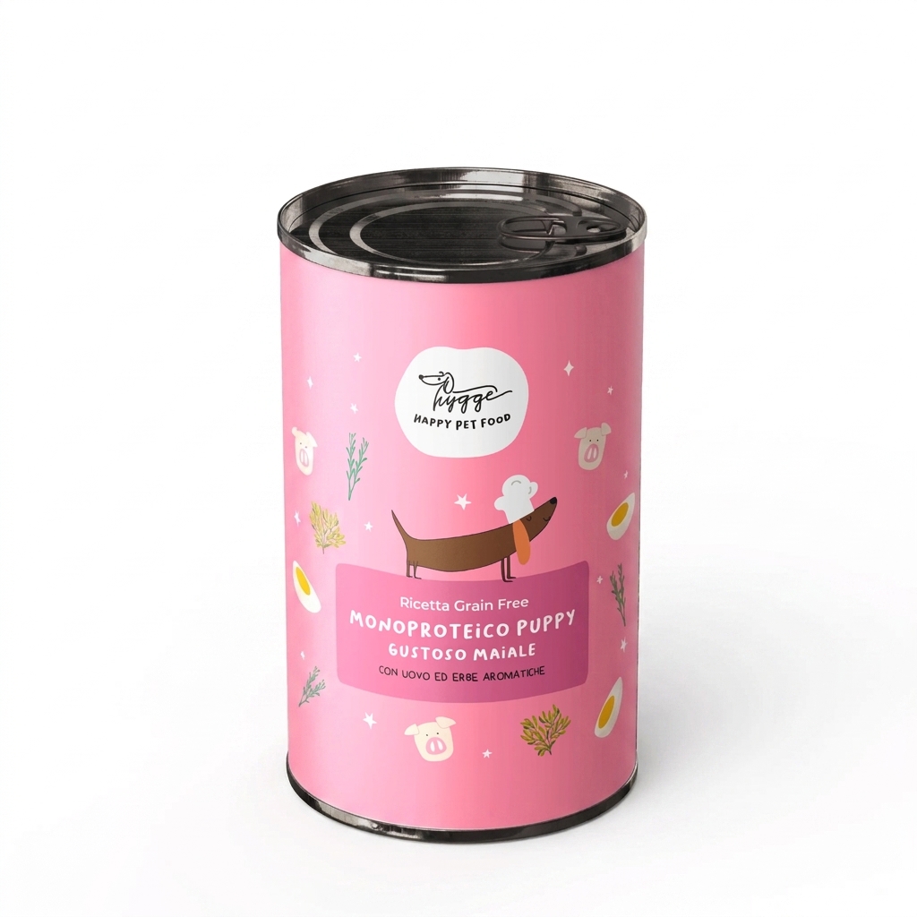 spannmålsfritt monoprotein-våtfoder för valpar med fläsk, ägg och aromatiska örter, galleri 0 huvudbild vit